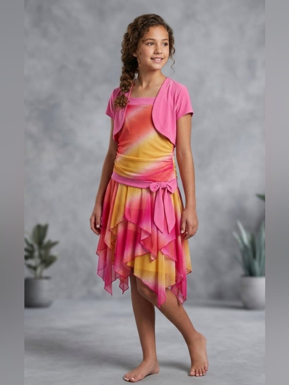 Amy Byer Pink, Orange & Yellow Ombre Dress w/Bolero Girls Size 16